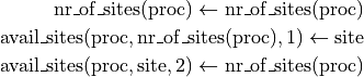 \mathrm{nr\_of\_sites}(\mathrm{proc}) \leftarrow \mathrm{nr\_of\_sites}(\mathrm{proc}) \\
\mathrm{avail\_sites}(\mathrm{proc}, \mathrm{nr\_of\_sites}(\mathrm{proc}), 1) \leftarrow
\mathrm{site} \\
\mathrm{avail\_sites}(\mathrm{proc}, \mathrm{site}, 2) \leftarrow
\mathrm{nr\_of\_sites}(\mathrm{proc})